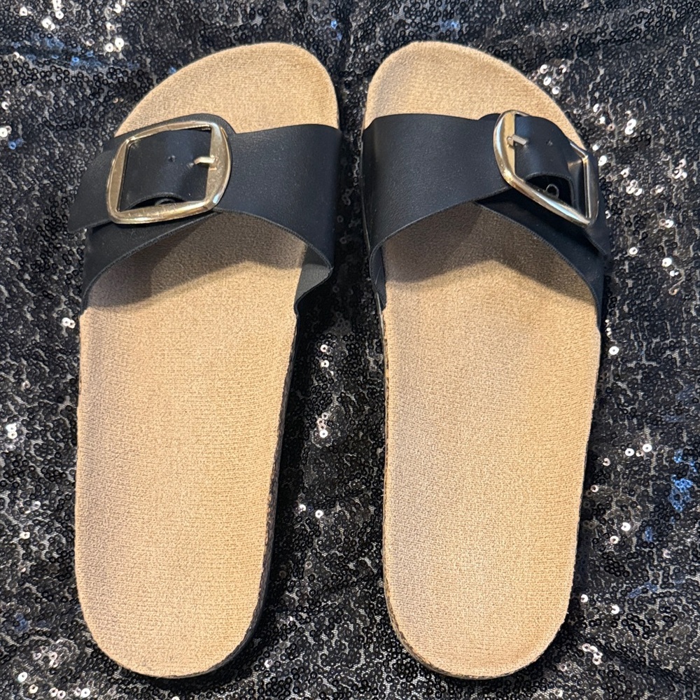 Black Slide Sandals with Gold Buckle